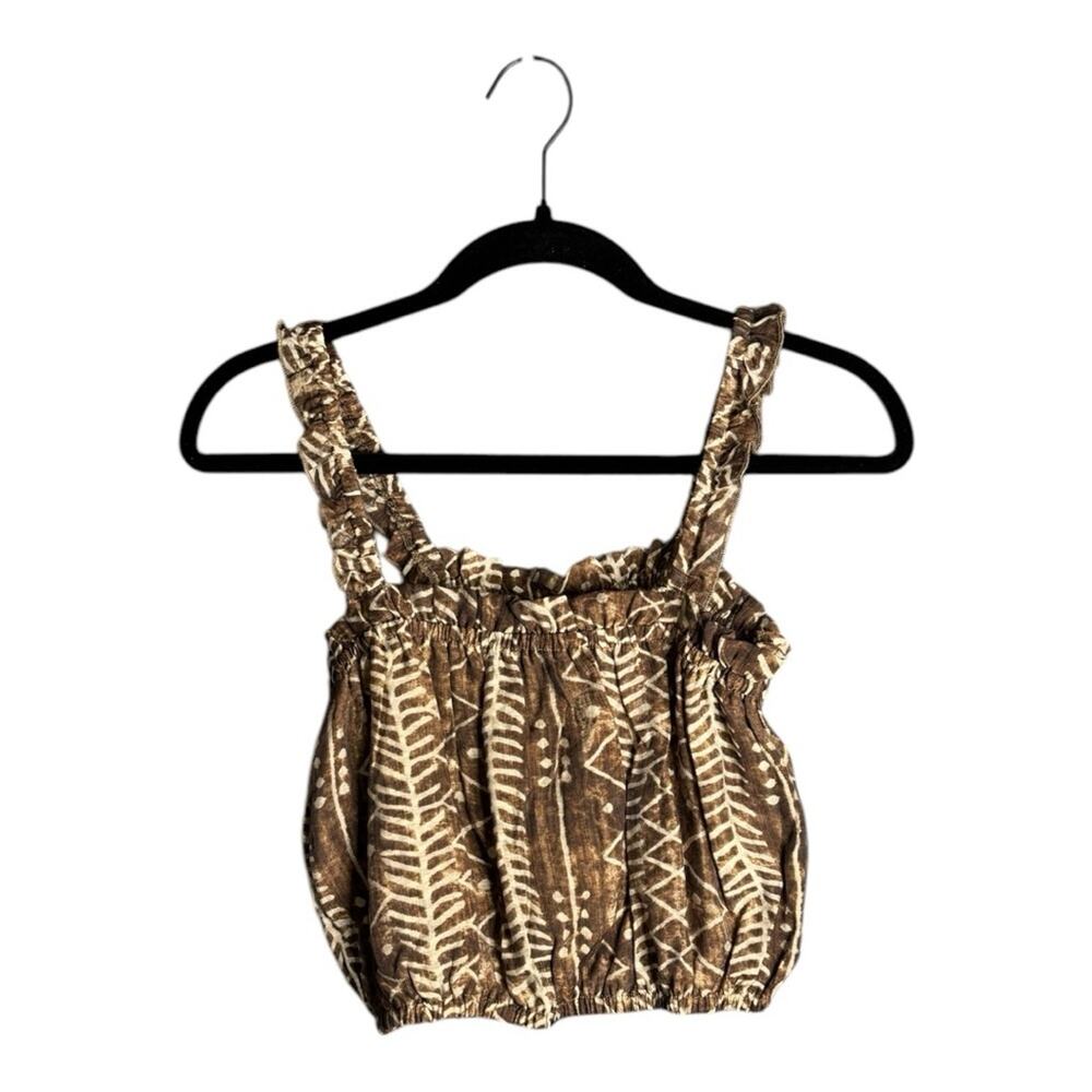 Elan Brown White Printed Cropped Tank Ruffle Straps Medium